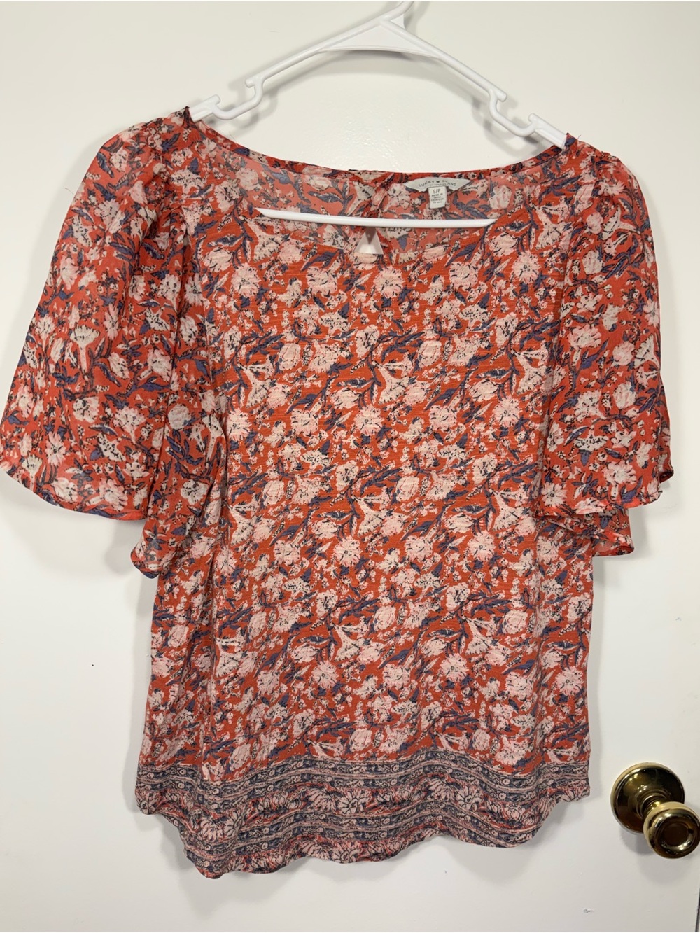 Lucky Brand Floral Boho Blouse Small Petite Flutter Sleeve